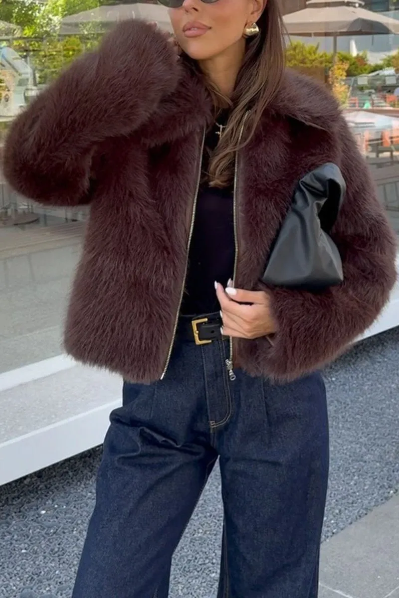 Women's Fashion Lapel Solid Color Faux Fur Winter Coat
